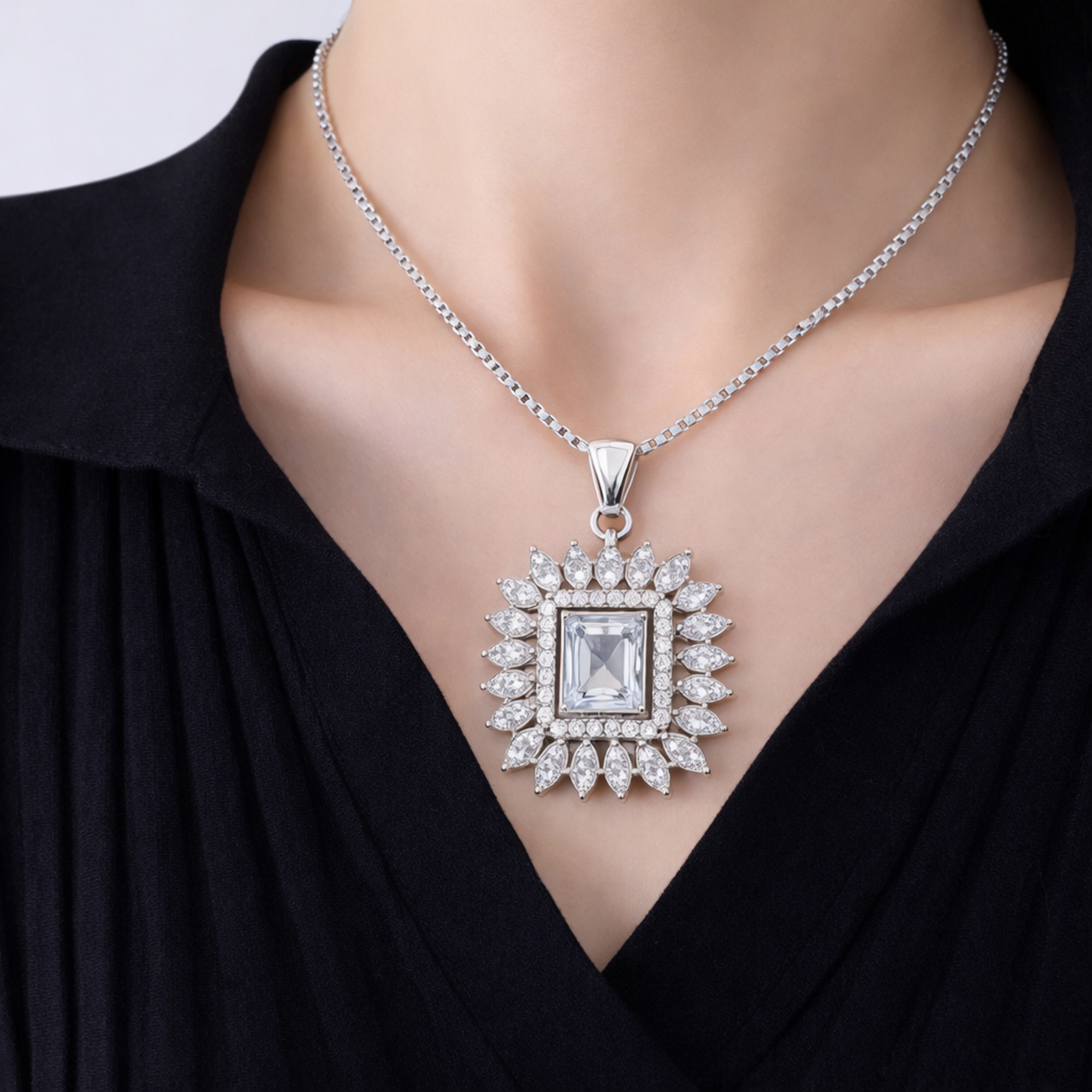 Silver Emerald-Cut Sunburst Necklace