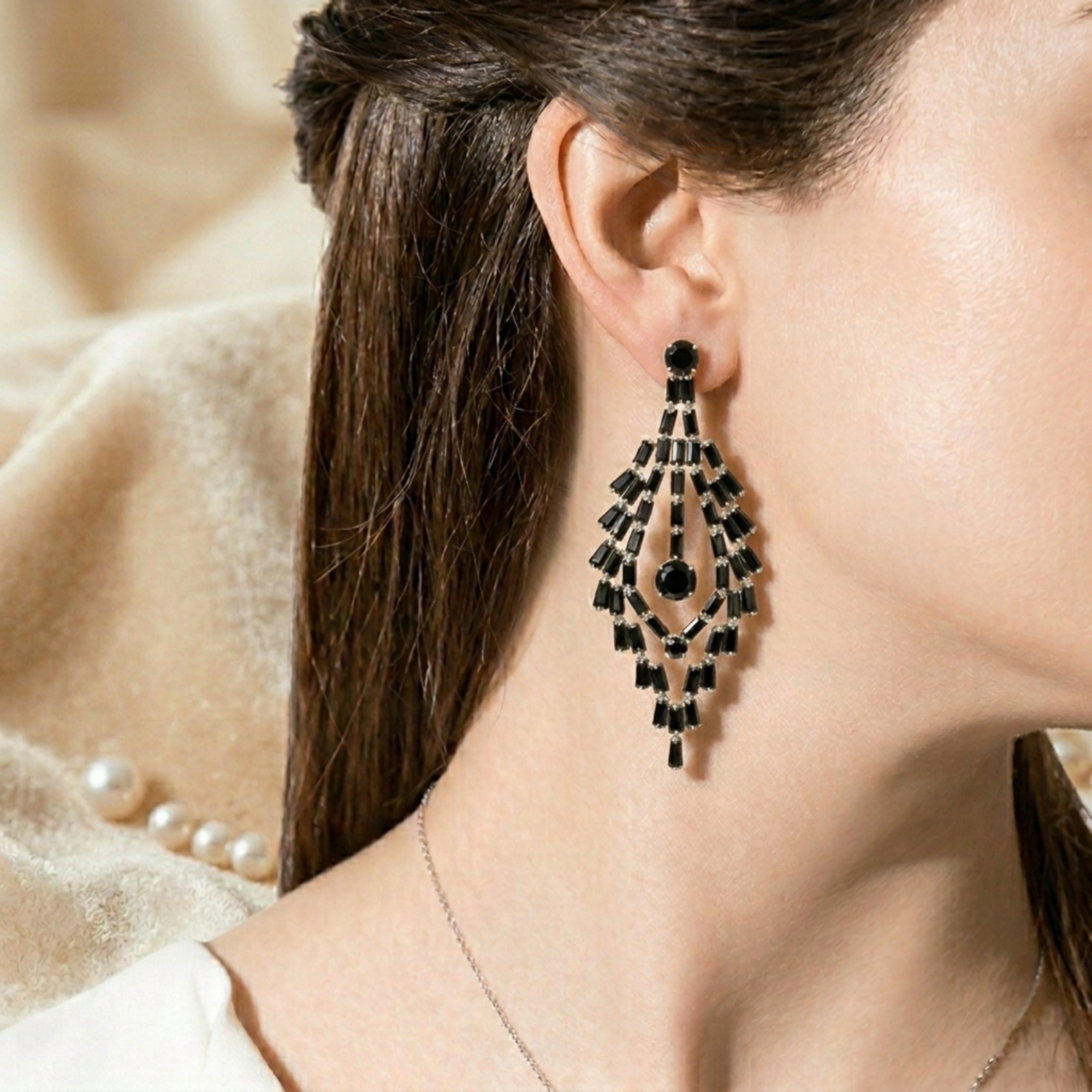 Black Baguette Chandelier Earrings