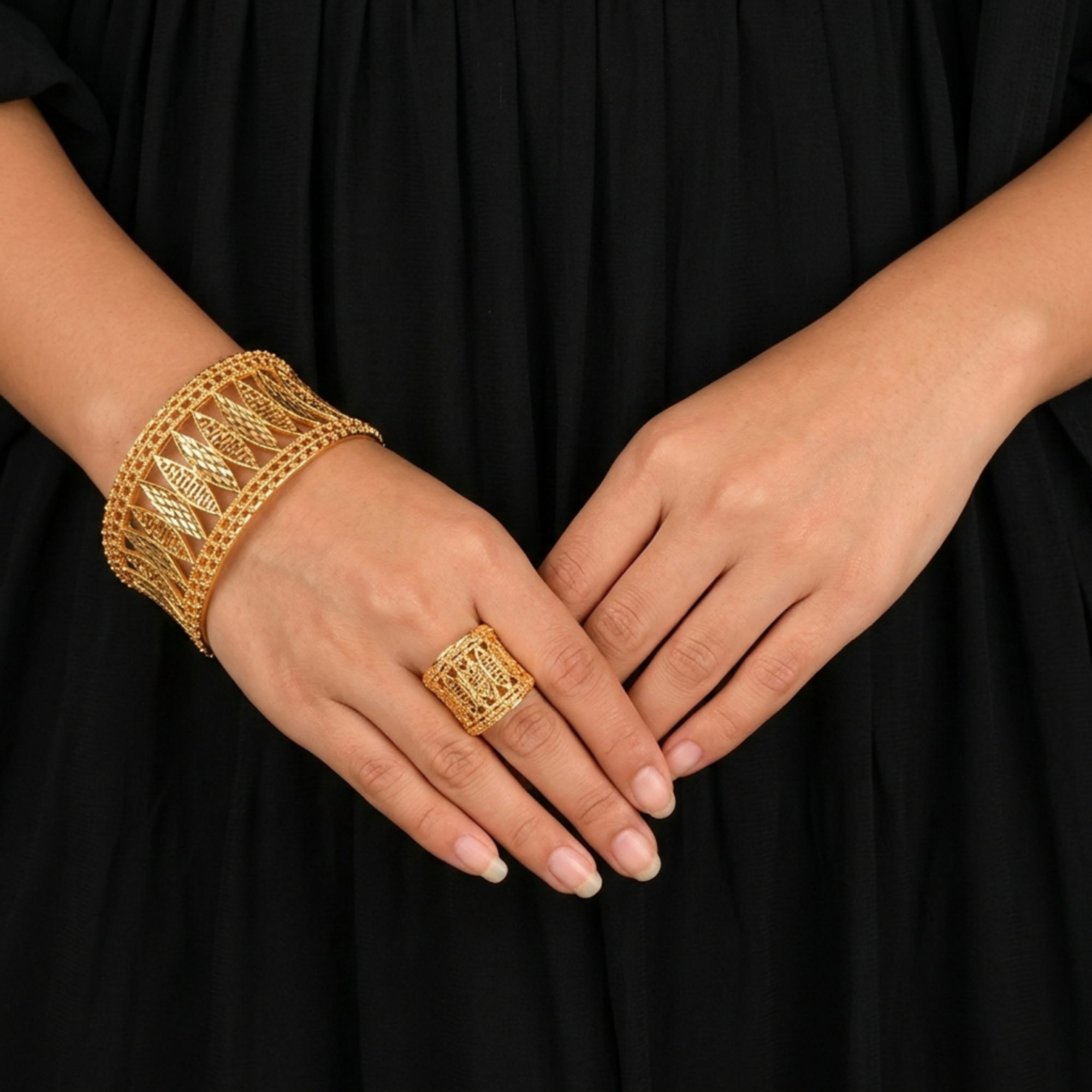 Gold Cuff Bracelet & Ring Set