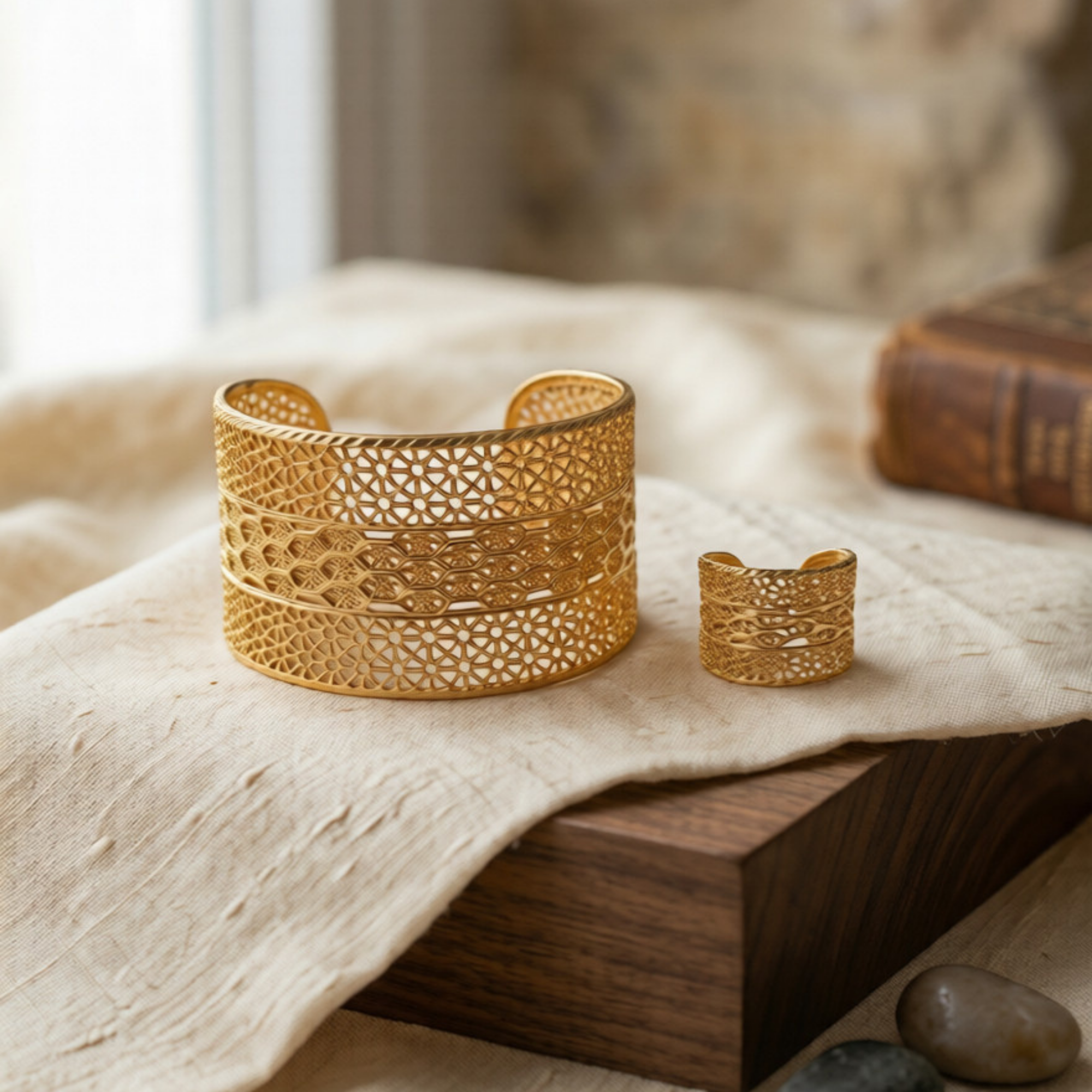 Gold Lattice Cuff Bracelet & Ring Set