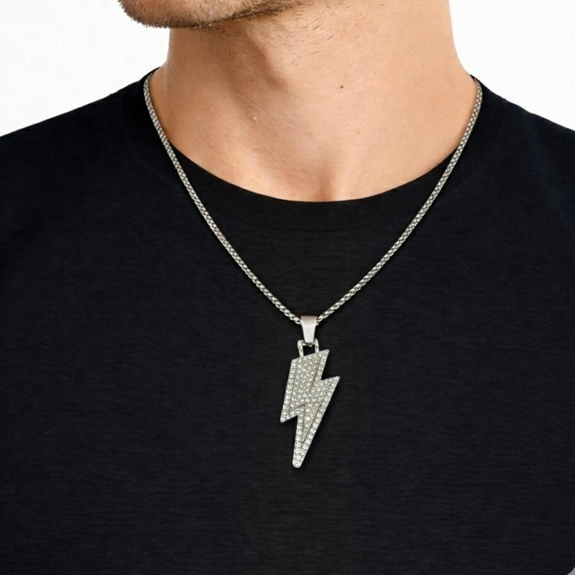 Iced Lightning Bolt Pendant Necklace