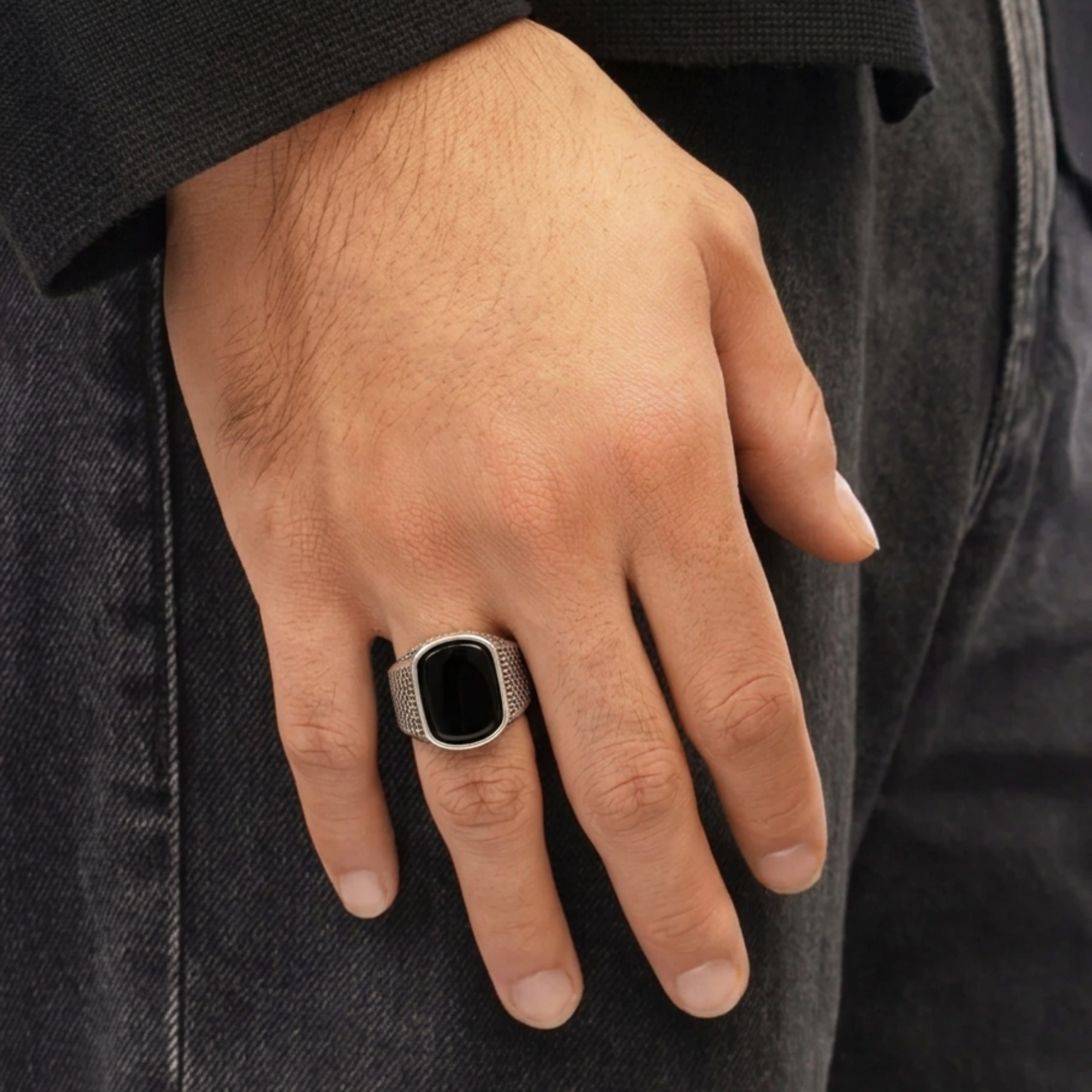 Textured Silver Onyx Signet Ring