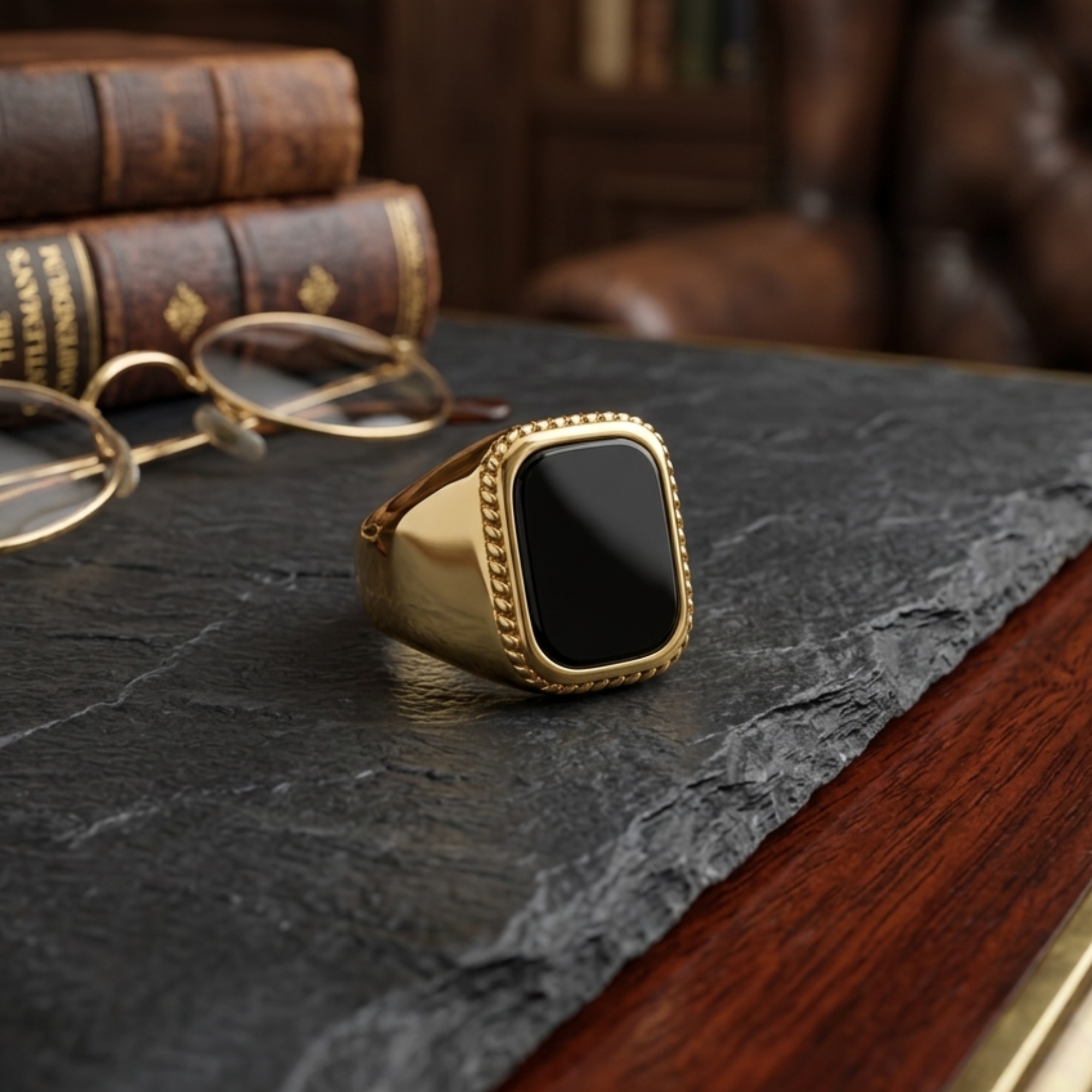 Gold Scalloped Onyx Signet Ring