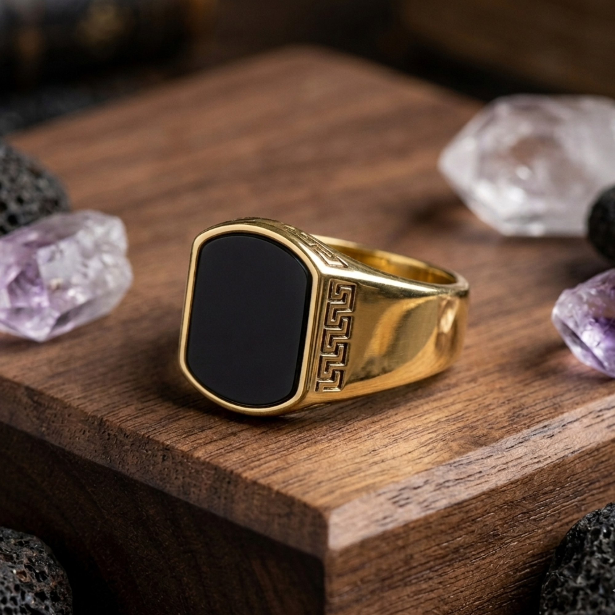 Gold Onyx Greek Key Ring