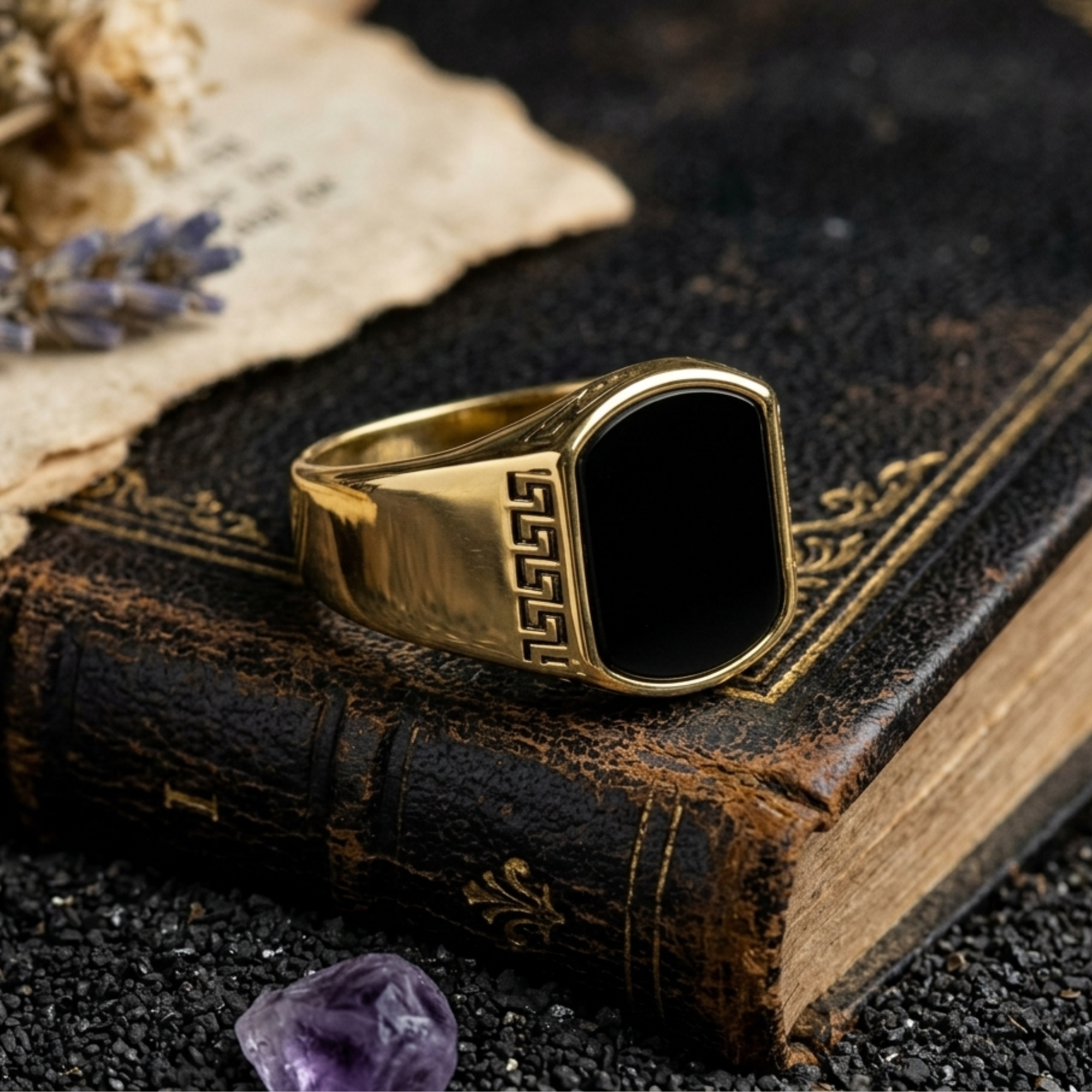Gold Onyx Greek Key Ring