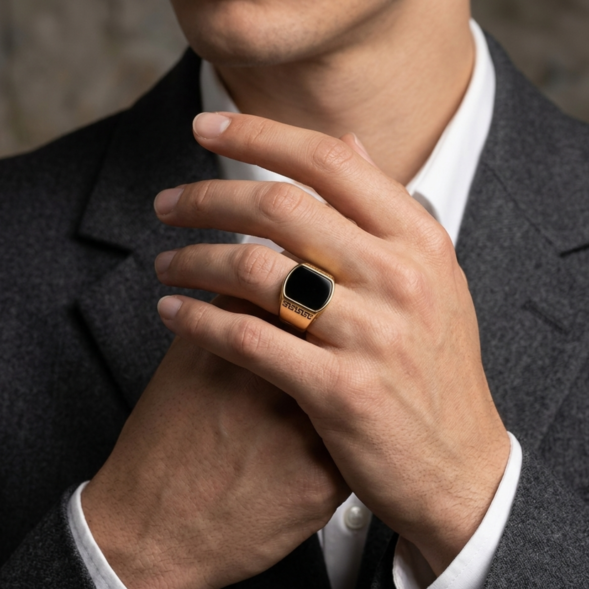 Gold Onyx Greek Key Ring