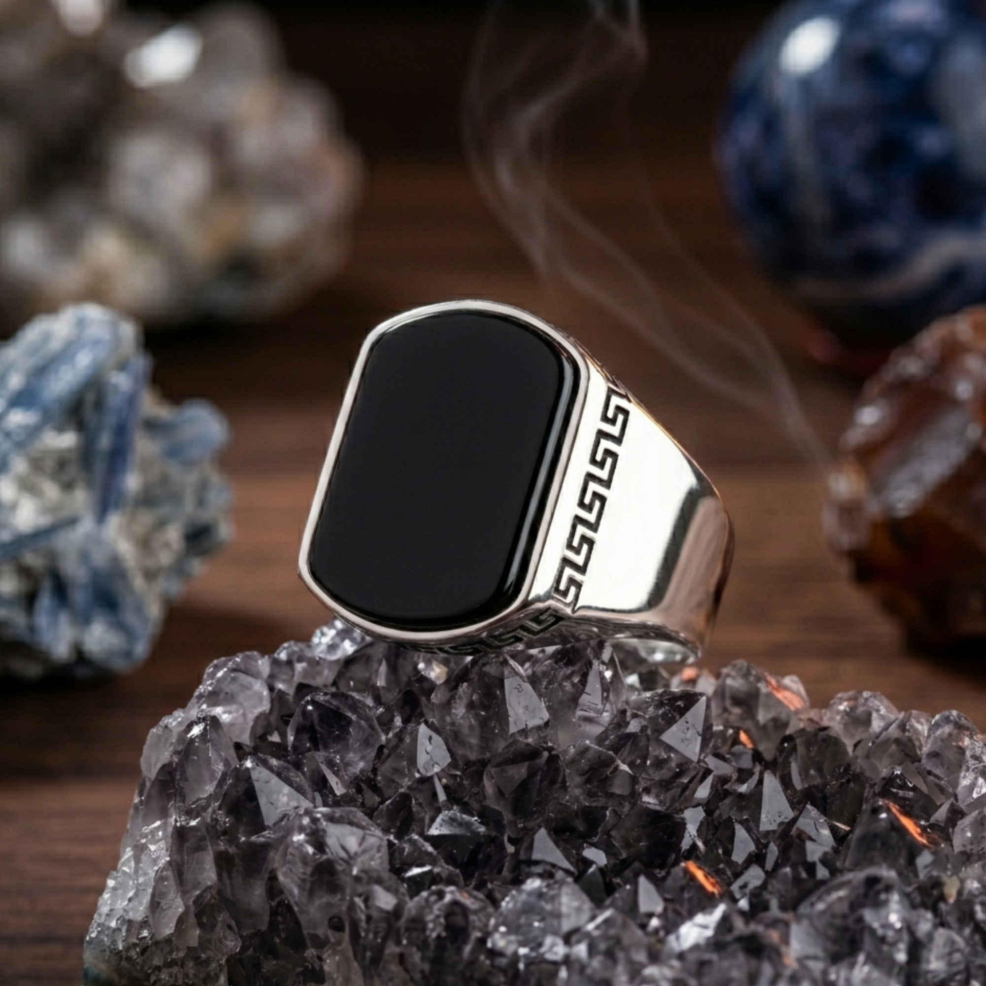 Black Onyx Greek Key Ring