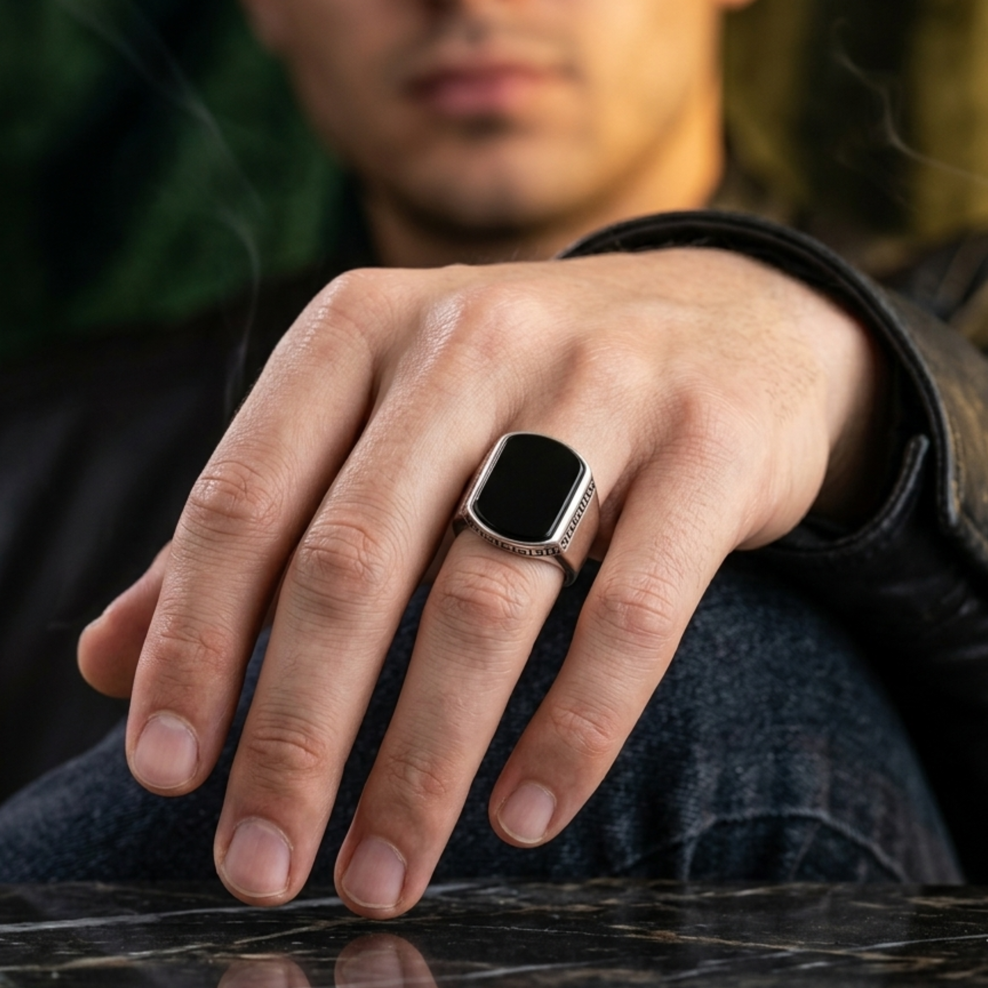 Black Onyx Greek Key Ring