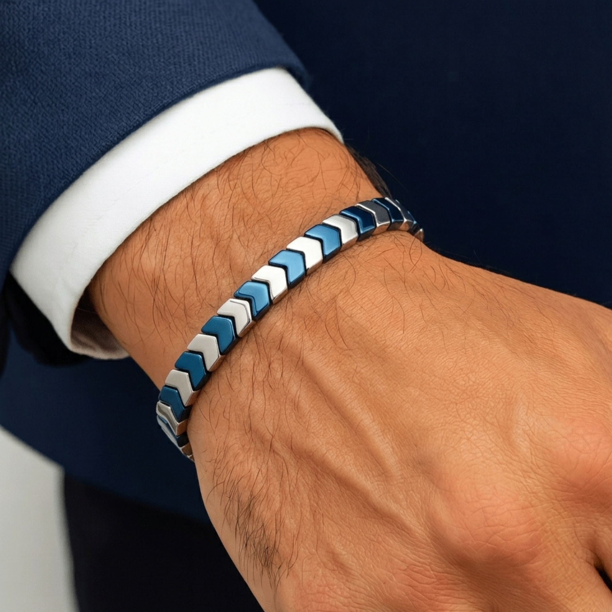 Blue-Silver Chevron Beaded Bracelet