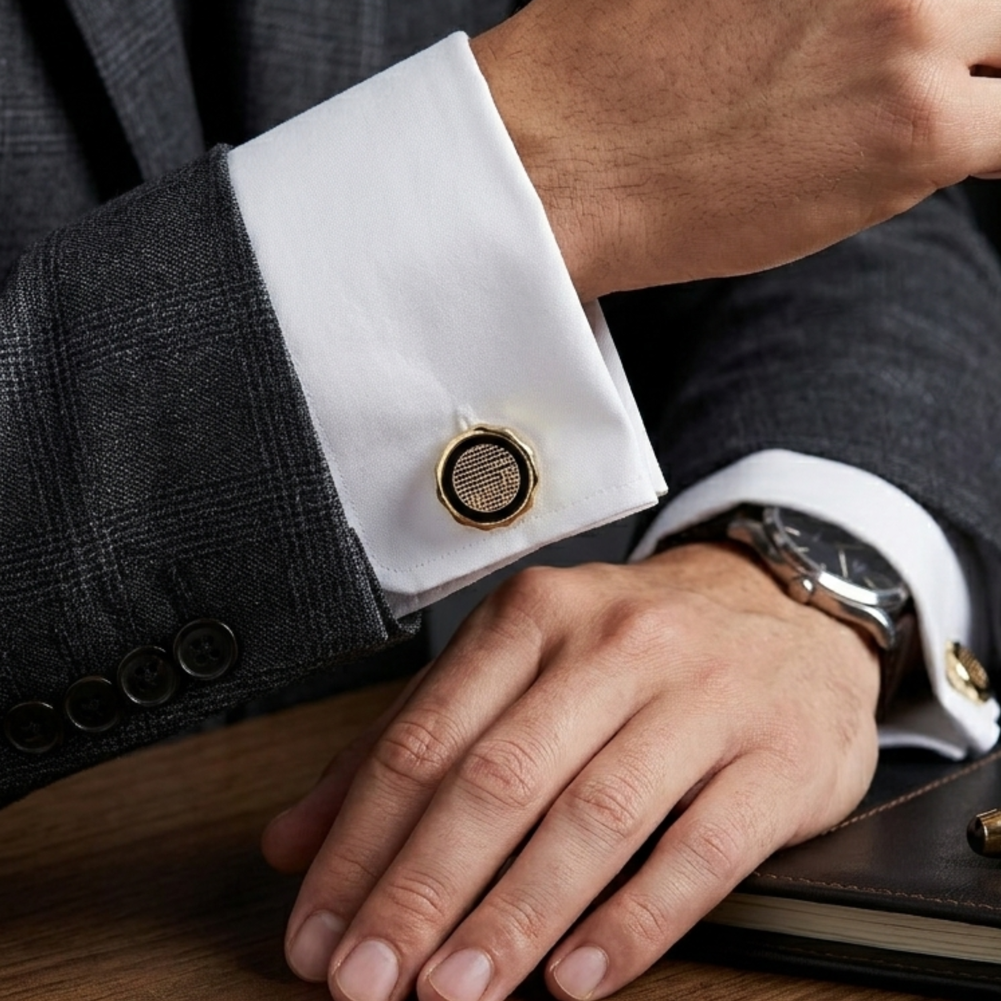 Gold Round Cufflinks - Black Border