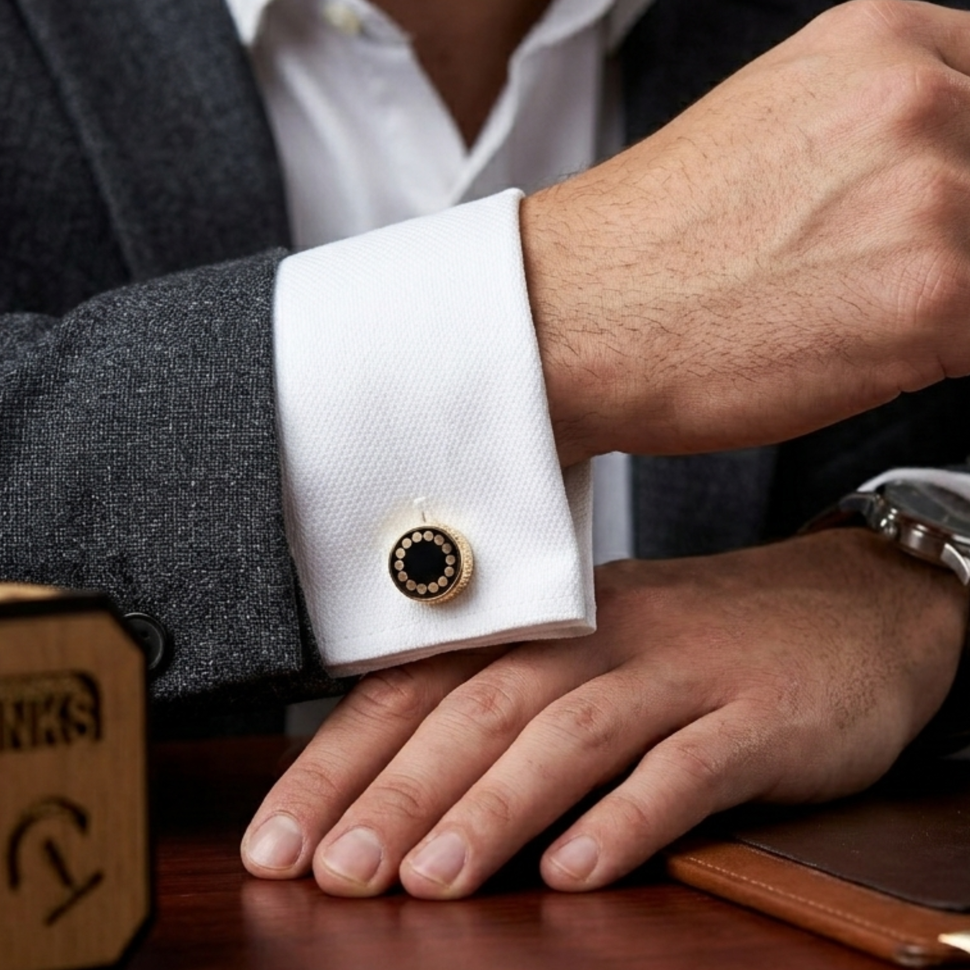 Gold & Black Round Cufflinks – Textured Halo Design