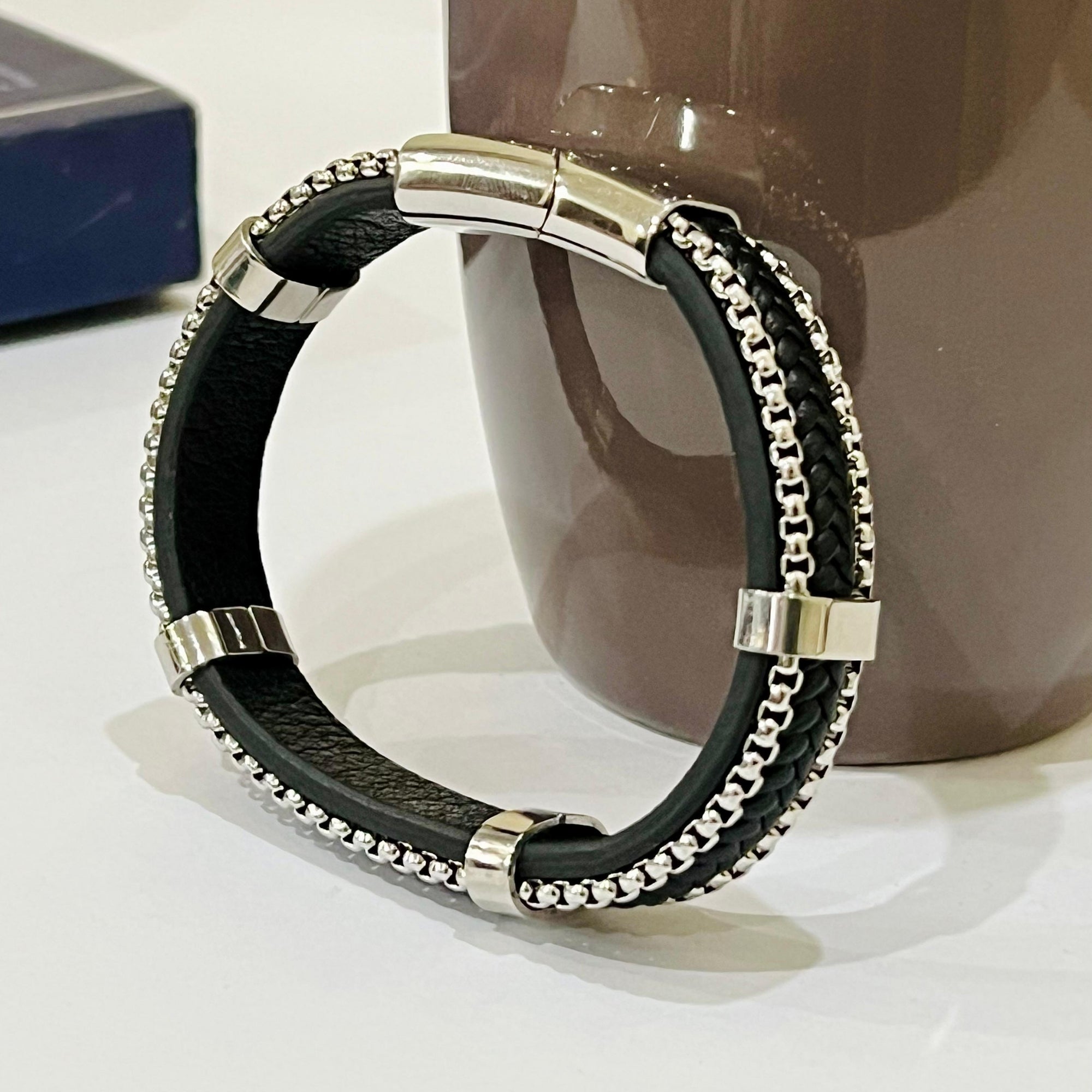 Premium Braided Leather Bracelet – Silver Detail