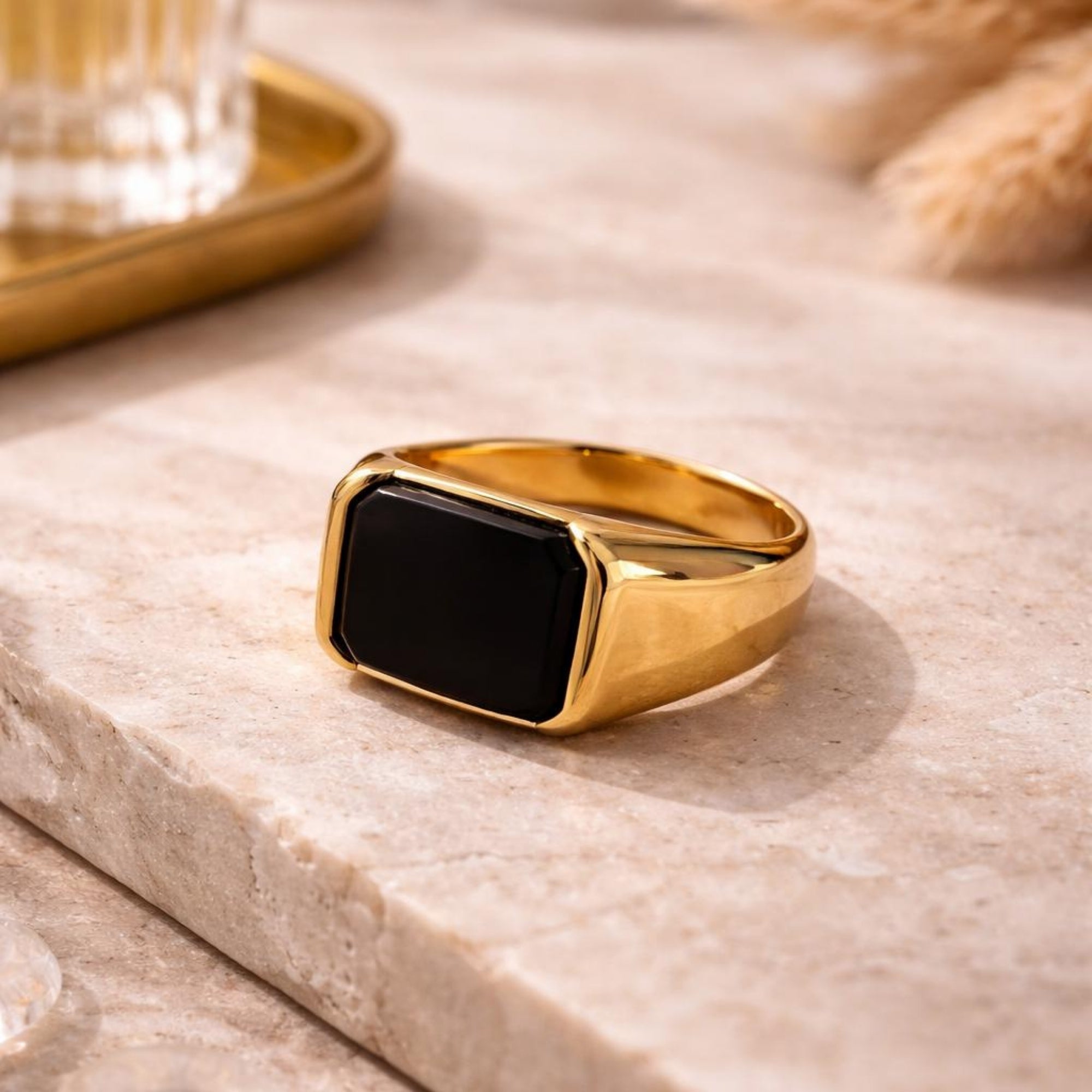 Gold Rectangle Onyx Ring